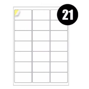 Label sheets in A4 size 100 sheets with 21 labels each, measuring 64 x 38 mm