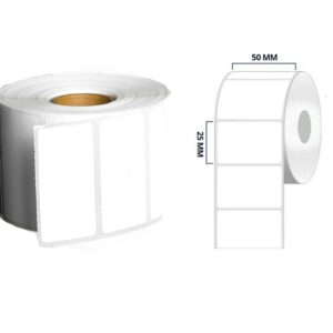 White Thermal Direct Printer Labels, 50 x 25 mm, 2000 per roll, 75 mm core, compatible with EPOS and POS
